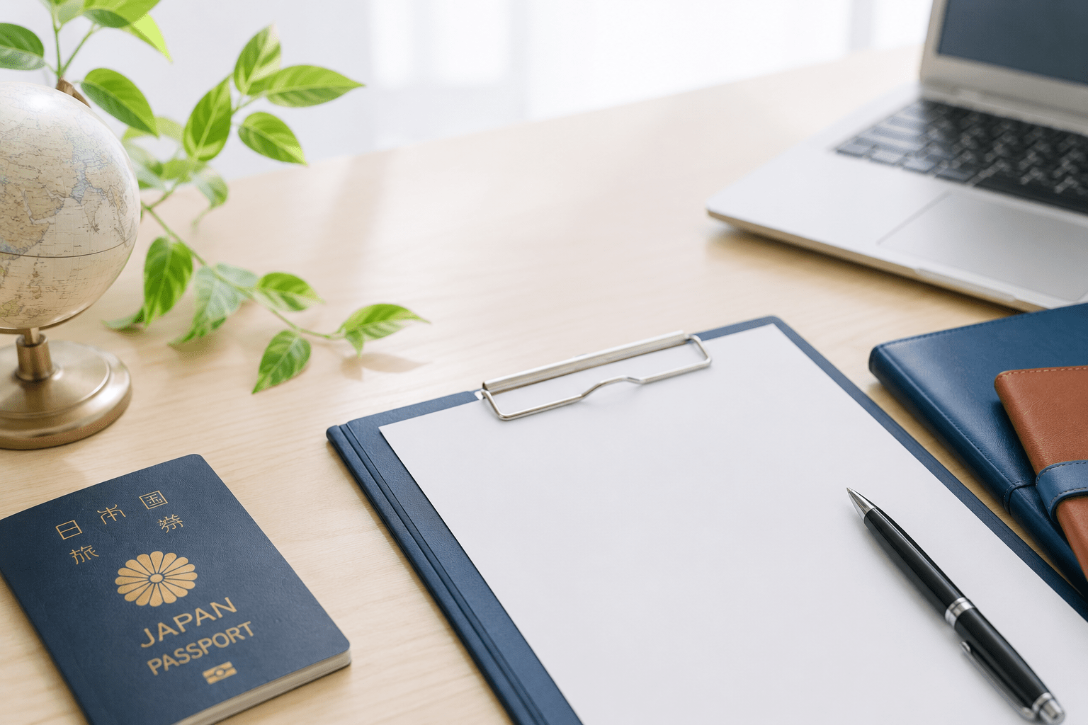Desk setup for travel planning: Japan passport, globe, green plant, clipboard with blank paper, pen, laptop, and notebooks on a wooden desk.