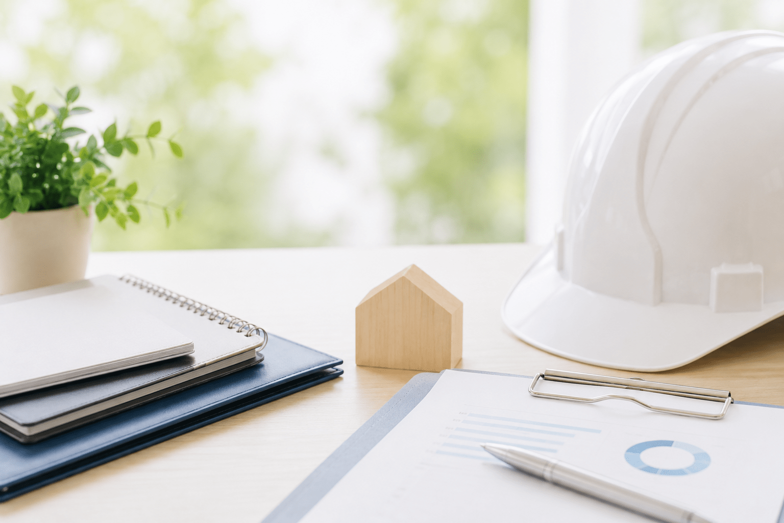 Desk setup with a small wooden house model, a white hard hat, a charted document on a clipboard, pen, and plant on a bright workspace