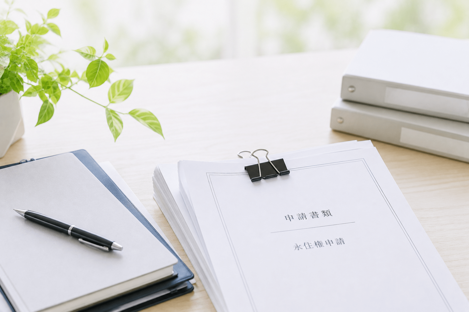 Office desk scene with a plant, a pen on a closed notebook, and a stack of documents clipped together on light wood surface.