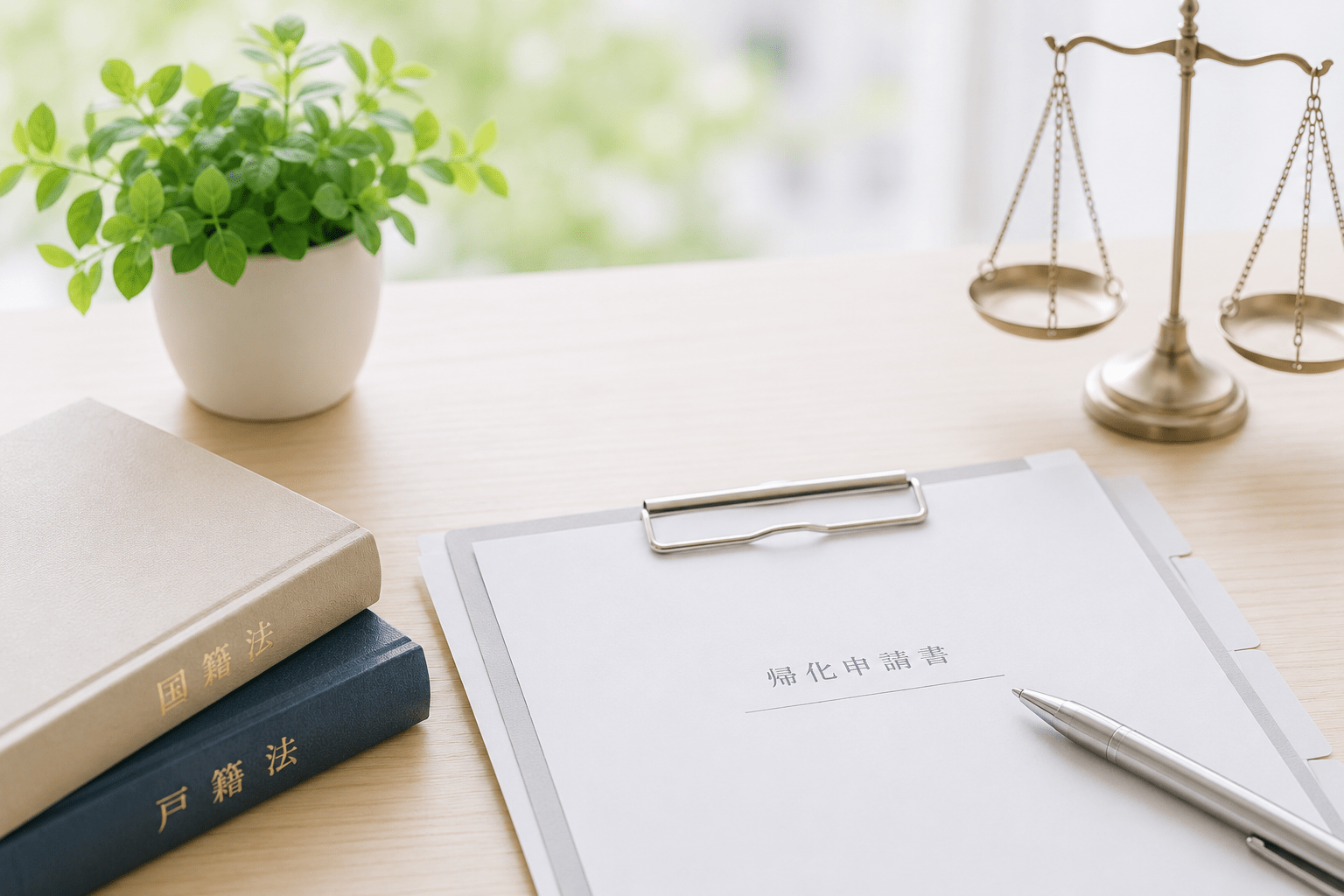 Law office desk with a green plant, balance scales, two law books, and a clipboard with a naturalization application form and pen on a light wooden surface.